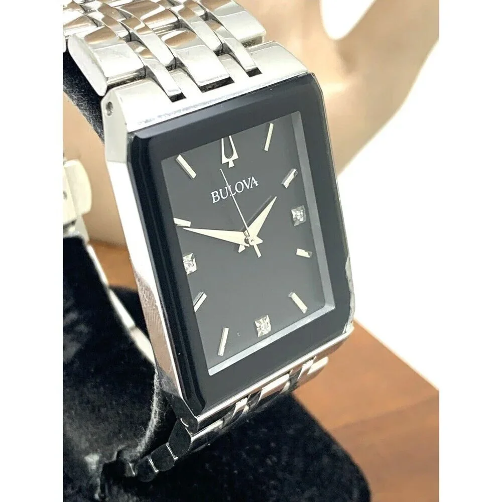Bulova Men's Watch 96D145 Diamond Black Dial Silver Stainless Steel Quartz CHIP